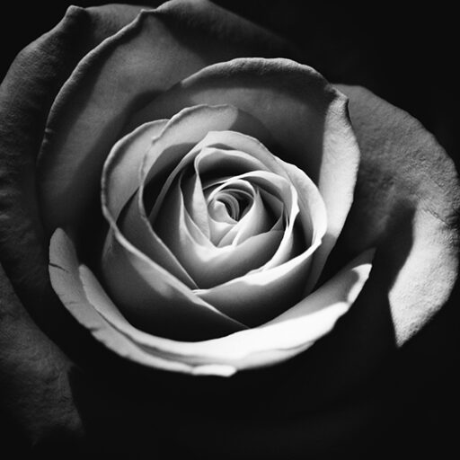 black and white photo with a black background and a rose in the centre